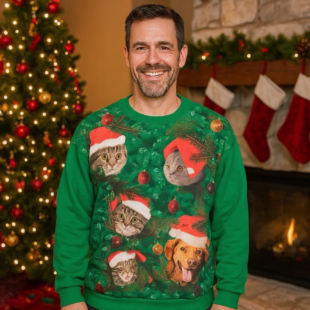 FREEZE Light Up Christmas Cat‎ and Dog Ugly Christmas Crewneck Cozy Holiday XL
